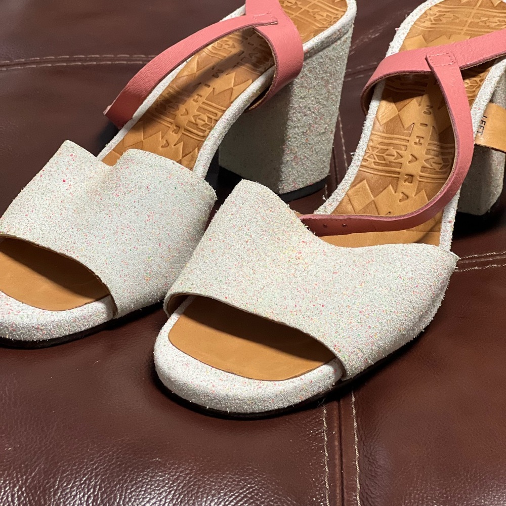 Chie Mihara Pink and Cream Heels with Square Toe